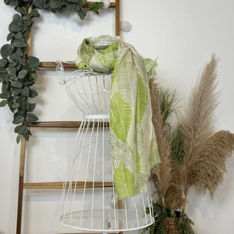 Y527- Foulard Grandes Feuilles doré - vert-anis-kaki - sans-taille