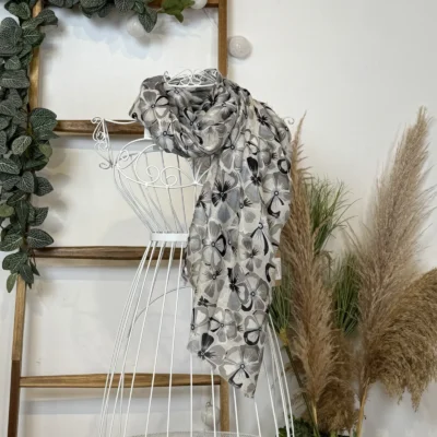 Y530- Foulard Fleurs à détails dorés - gris - sans-taille