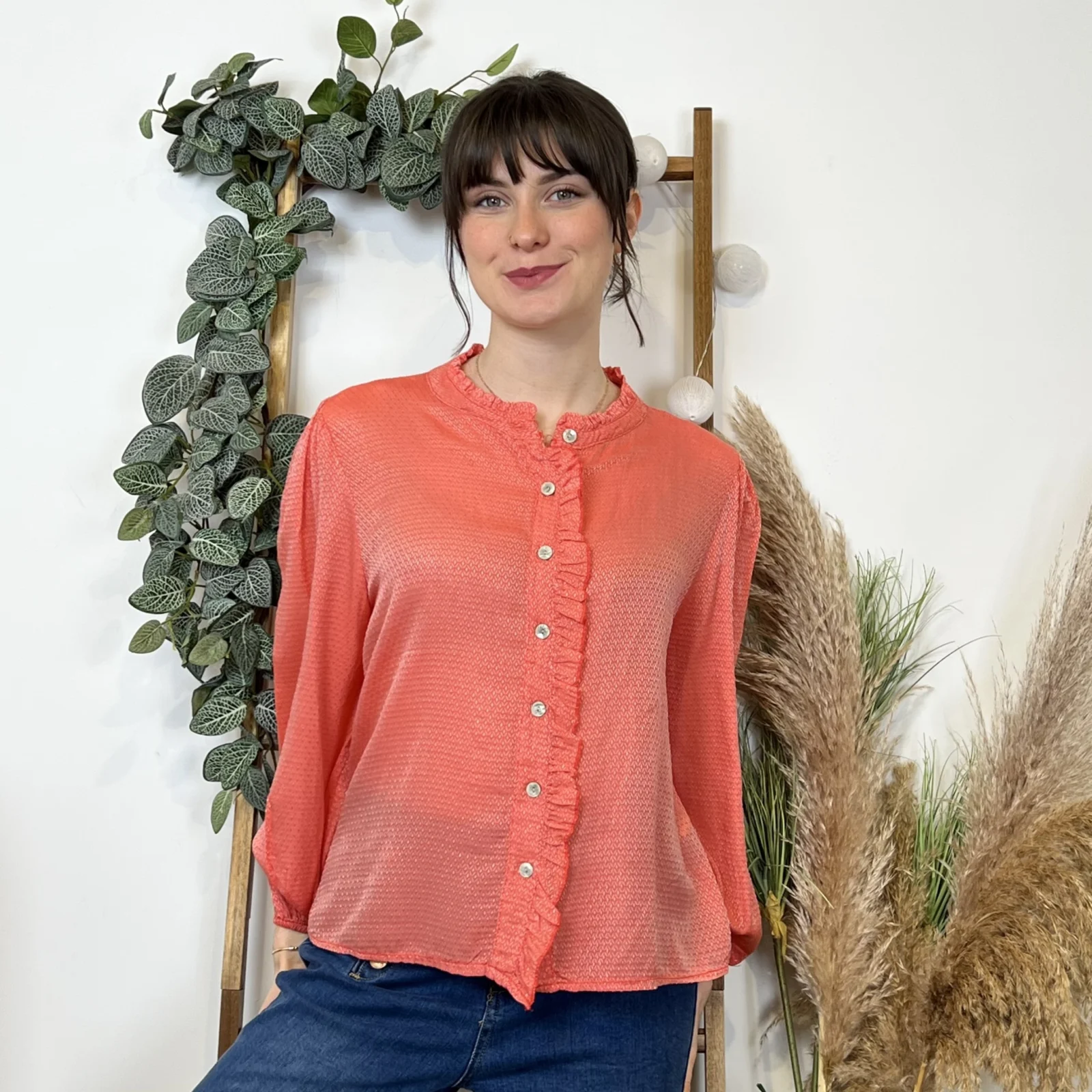 I904- Blouse unie Soie 30% (Tu) - corail - taille-unique