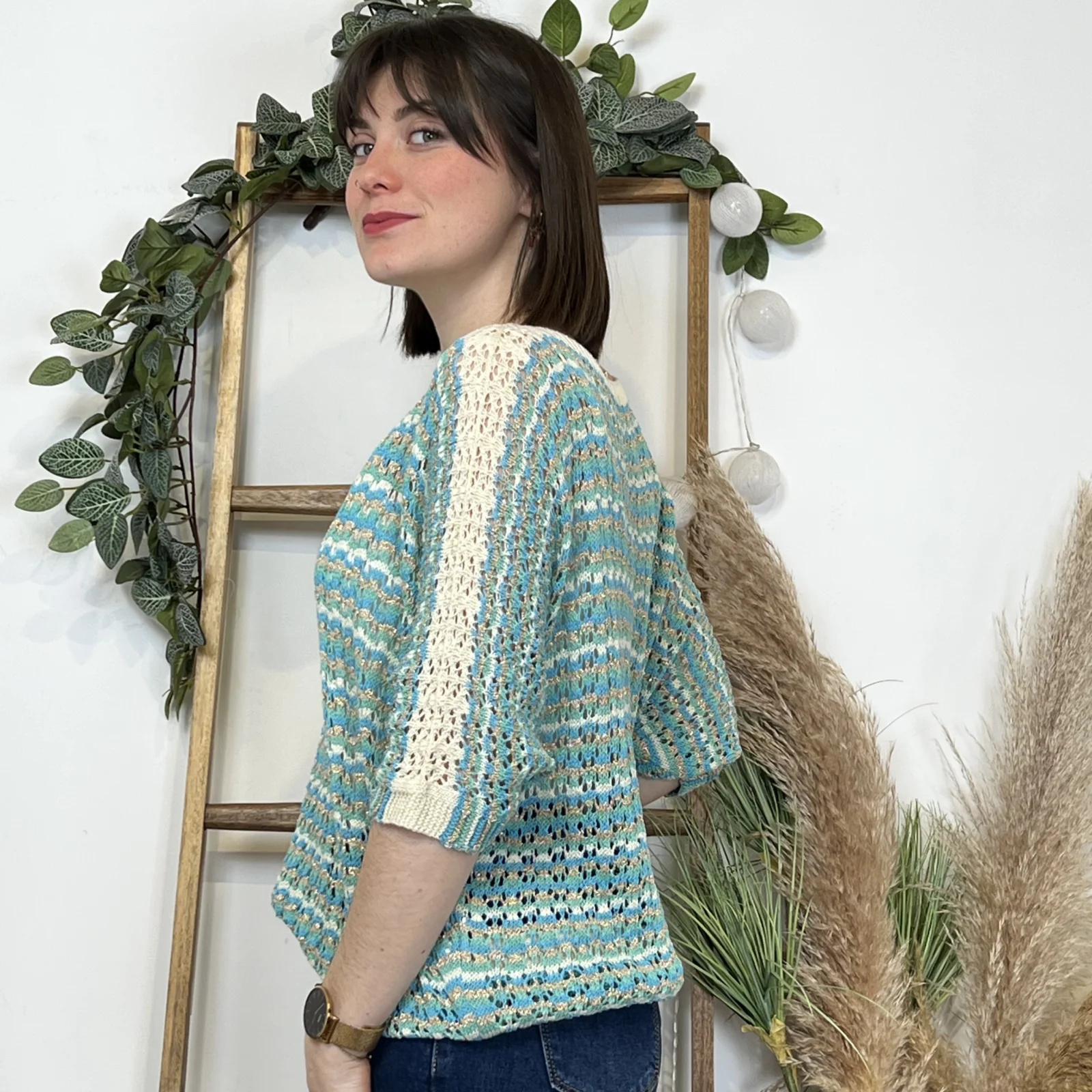 K101 - Pull rayé Lurex - bleu-turquoise - taille-unique