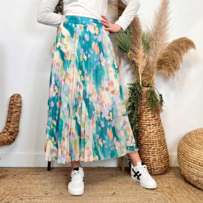 L701- Jupe plissée imprimée (Tu) 🇮🇹 - bleu-turquoise - taille-unique