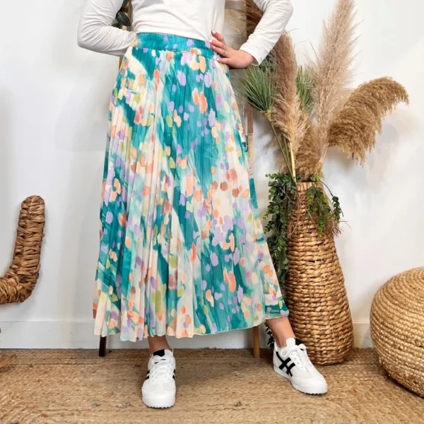 L701- Jupe plissée imprimée (Tu) 🇮🇹 - bleu-turquoise - taille-unique