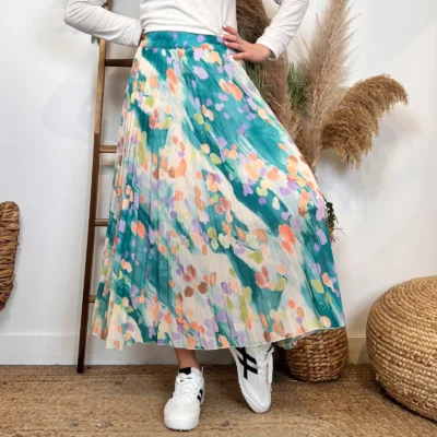 L701- Jupe plissée imprimée (Tu) 🇮🇹 - bleu-turquoise - taille-unique