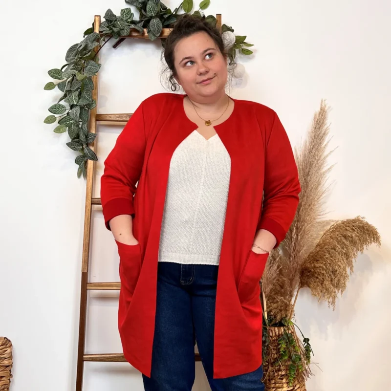 Z554.- Veste ouverte en suédine 🇮🇹 - rouge-vif - taille-unique-grande-taille