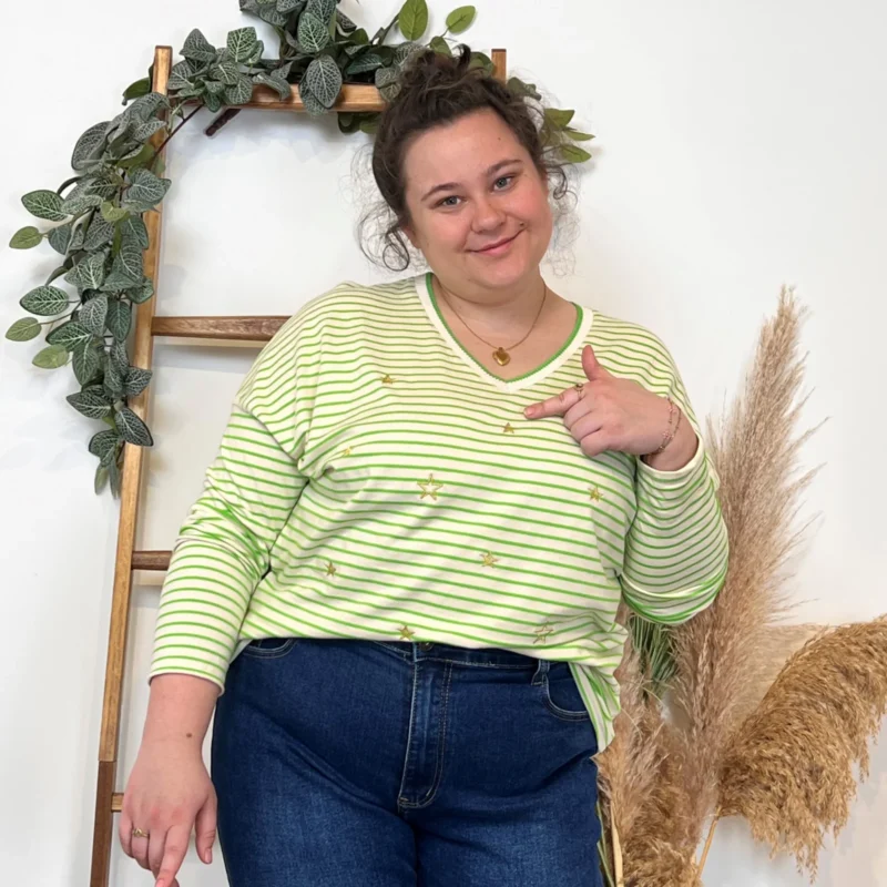 Z182-T Shirt "Mélodie" Rayé & brodé" 🇮🇹 - vert-anis-raye - taille-unique-grande-taille