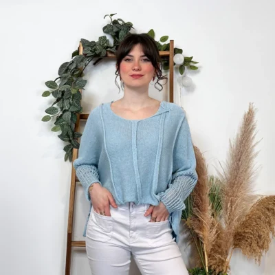 K376- Pull Crop-Top déstructuté(Tu) - bleu-ciel - taille-unique