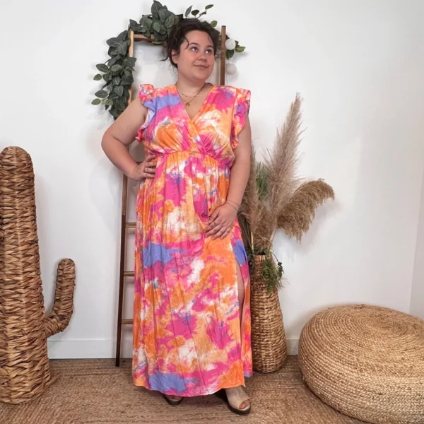 K342- Robe longue Aquarelle (T40-T48) - corail - 48