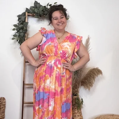 K342- Robe longue Aquarelle (T40-T48) - corail - 48