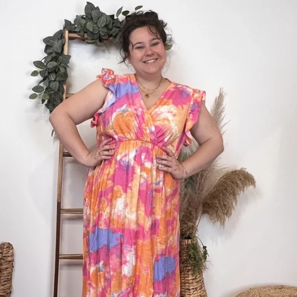 K342- Robe longue Aquarelle (T40-T48) - corail - 48