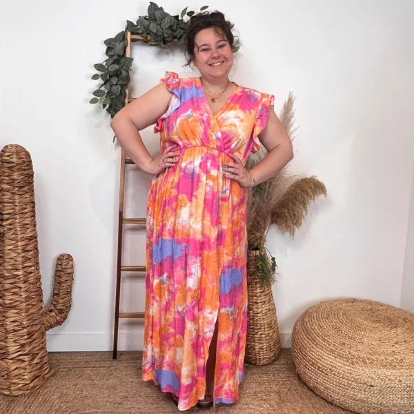 K342- Robe longue Aquarelle (T40-T48) - corail - 48