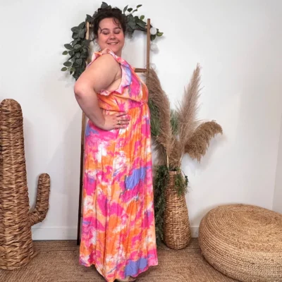 K342- Robe longue Aquarelle (T40-T48) - corail - 48