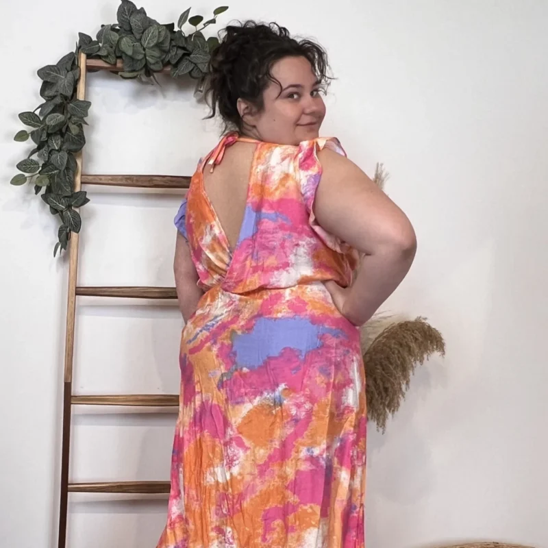 K342- Robe longue Aquarelle (T40-T48) - corail-pastel - 48