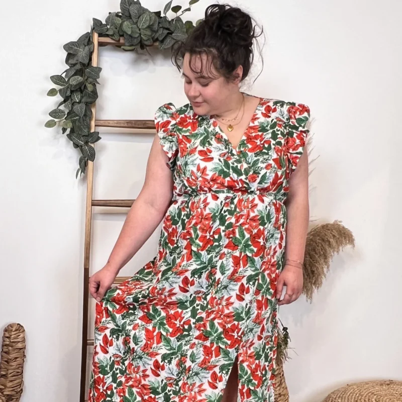K321 - Robe longue feuilles (T40-T48) - rouge-vert - 48