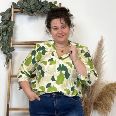 Z780- Tunique « Fleurs de Gingko » (T44-T52) - vert-anis - 52