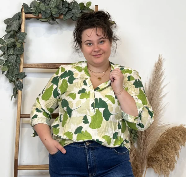 Z780- Tunique « Fleurs de Gingko » (T44-T52) - vert-anis - 52