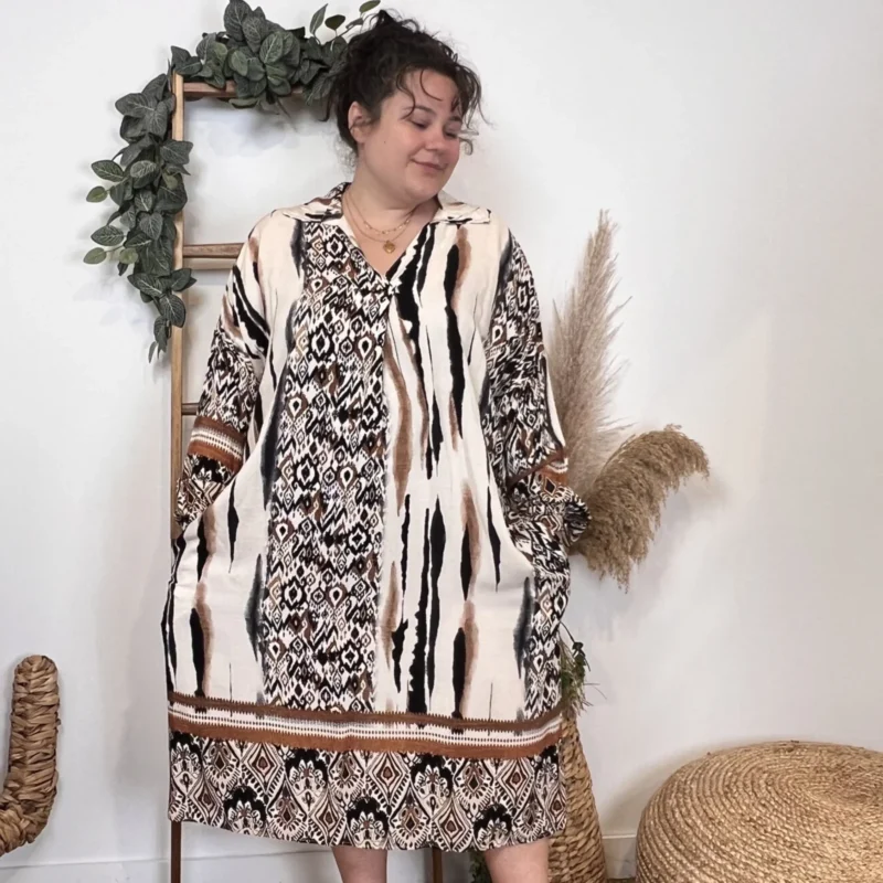 Z382- Robe Fluide imprimée (Gt) - noir-camel - taille-unique-grande-taille