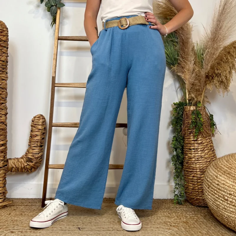 L784- Pantalon flare en gaze de coton - bleu-jeans - taille-unique