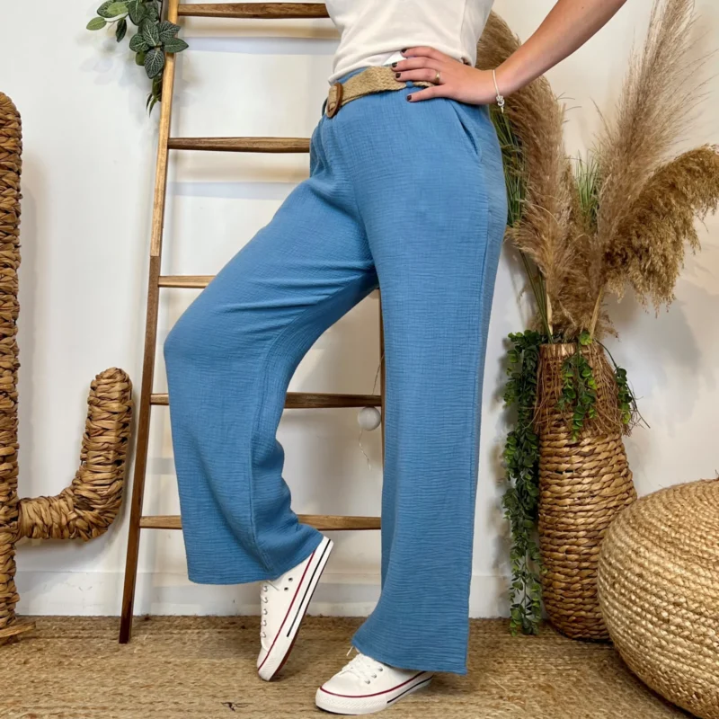 L784- Pantalon flare en gaze de coton - bleu-jeans - taille-unique