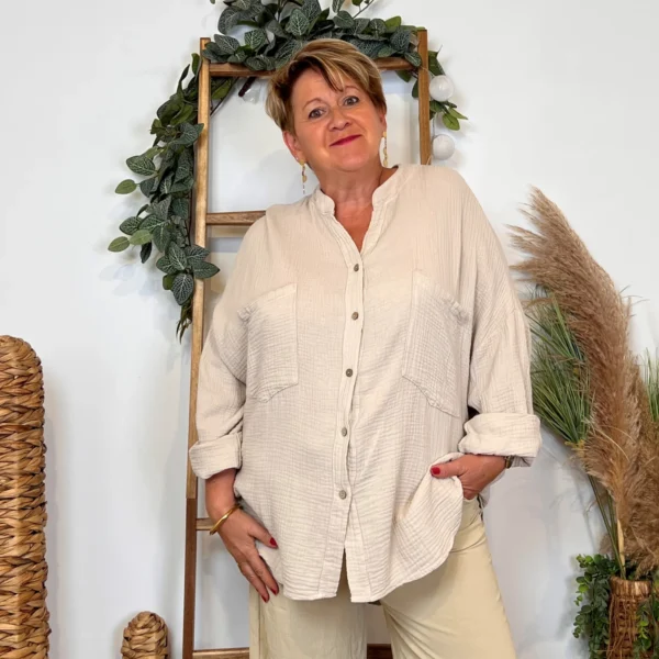 Z341-Chemisier uni (Gt) 🇮🇹 - beige - taille-unique-grande-taille