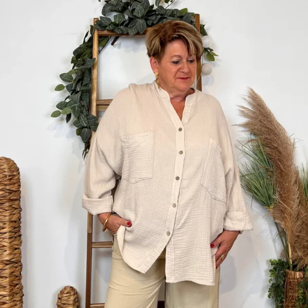 Z341-Chemisier uni (Gt) 🇮🇹 - beige - taille-unique-grande-taille