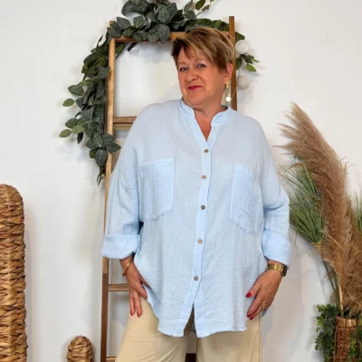 Z341-Chemisier uni (Gt) 🇮🇹 - bleu-ciel - taille-unique-grande-taille