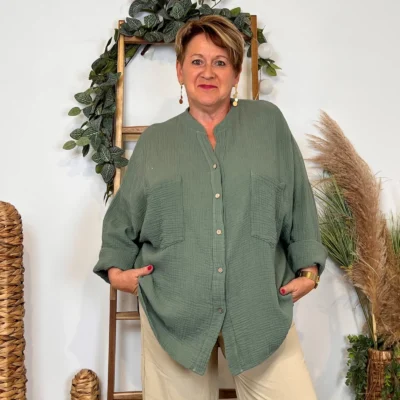 Z341-Chemisier uni (Gt) 🇮🇹 - kaki - taille-unique-grande-taille