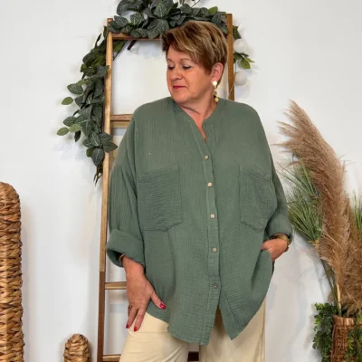Z341-Chemisier uni (Gt) 🇮🇹 - kaki - taille-unique-grande-taille
