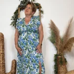 K321 - Robe longue feuilles (T40-T48) - bleu-royal-vert - 48