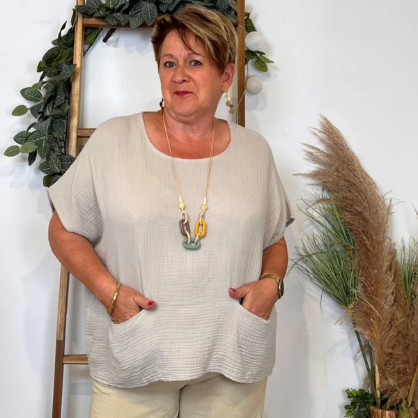 Z196- Tunique coton & collier (Tu) 🇮🇹 - beige - taille-unique