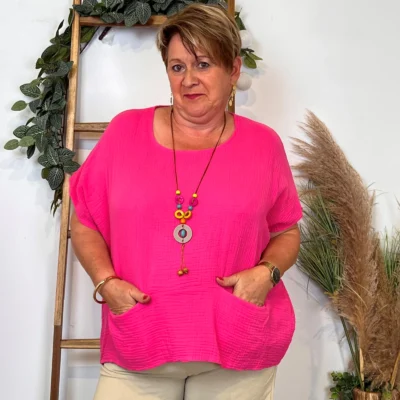 Z196- Tunique coton & collier (Tu) 🇮🇹 - fuchsia - taille-unique