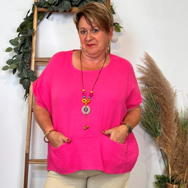 Z196- Tunique coton & collier (Tu) 🇮🇹 - fuchsia - taille-unique