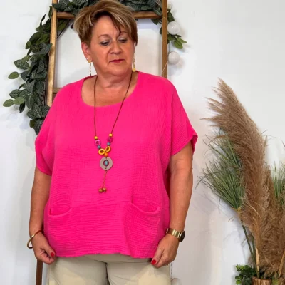Z196- Tunique coton & collier (Tu) 🇮🇹 - fuchsia - taille-unique
