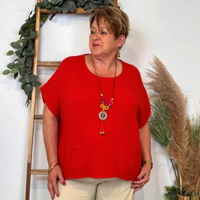 Z196- Tunique coton & collier (Tu) 🇮🇹 - rouge - taille-unique