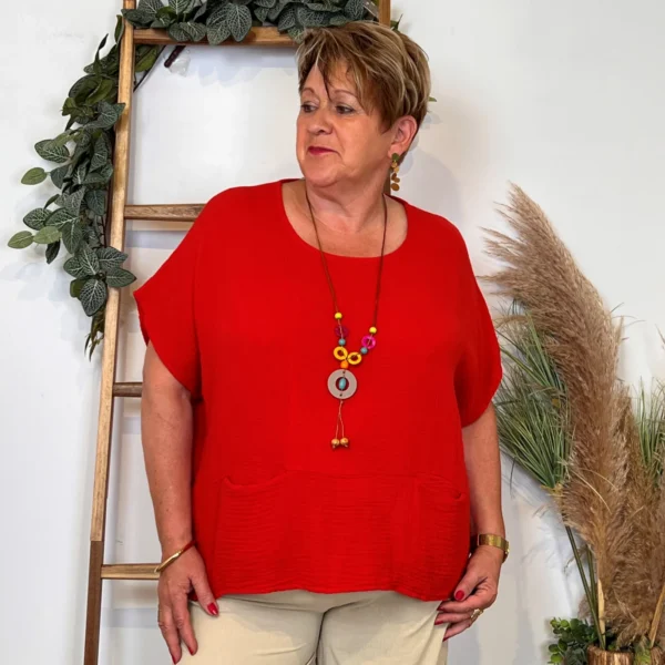 Z196- Tunique coton & collier (Tu) 🇮🇹 - rouge - taille-unique