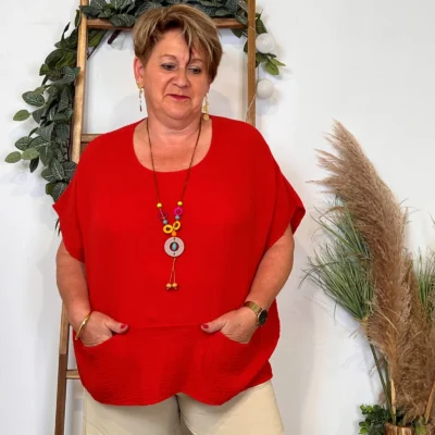 Z196- Tunique coton & collier (Tu) 🇮🇹 - rouge - taille-unique