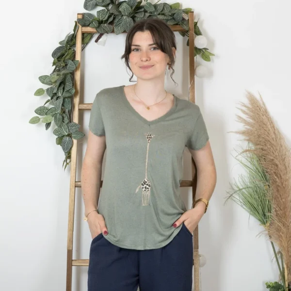 K177- T-Shirt « Girafe» (Tu) 🇮🇹 - kaki - taille-unique