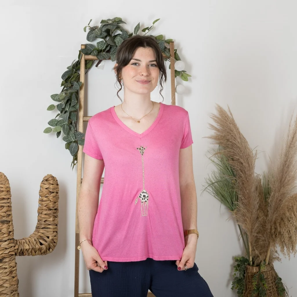 K177- T-Shirt « Girafe» (Tu) 🇮🇹 - fuchsia - taille-unique