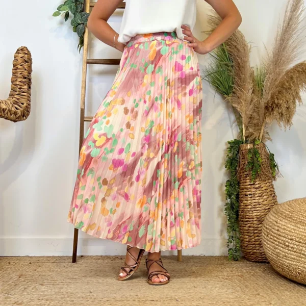 L701- Jupe plissée imprimée (Tu) 🇮🇹 - rose-poudre - taille-unique