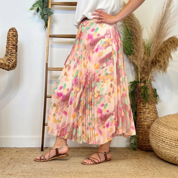 L701- Jupe plissée imprimée (Tu) 🇮🇹 - rose-poudre - taille-unique