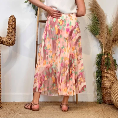 L701- Jupe plissée imprimée (Tu) 🇮🇹 - rose-poudre - taille-unique