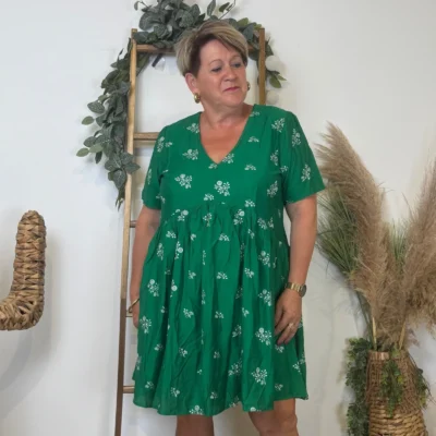 K286- Robe trapèze "Fleurettes" (T40-T48) - vert-bresil - 48