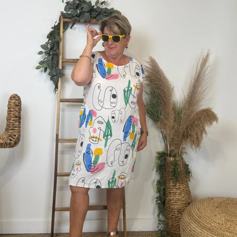 K271 - Robe imprimée en Lin - blanc-multicolore - 46