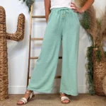 Pantalon large fluide femme crêpé « Tendance » - vert-deau - taille-unique