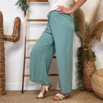 Pantalon large fluide femme crêpé « Tendance » - vert-celadon - taille-unique