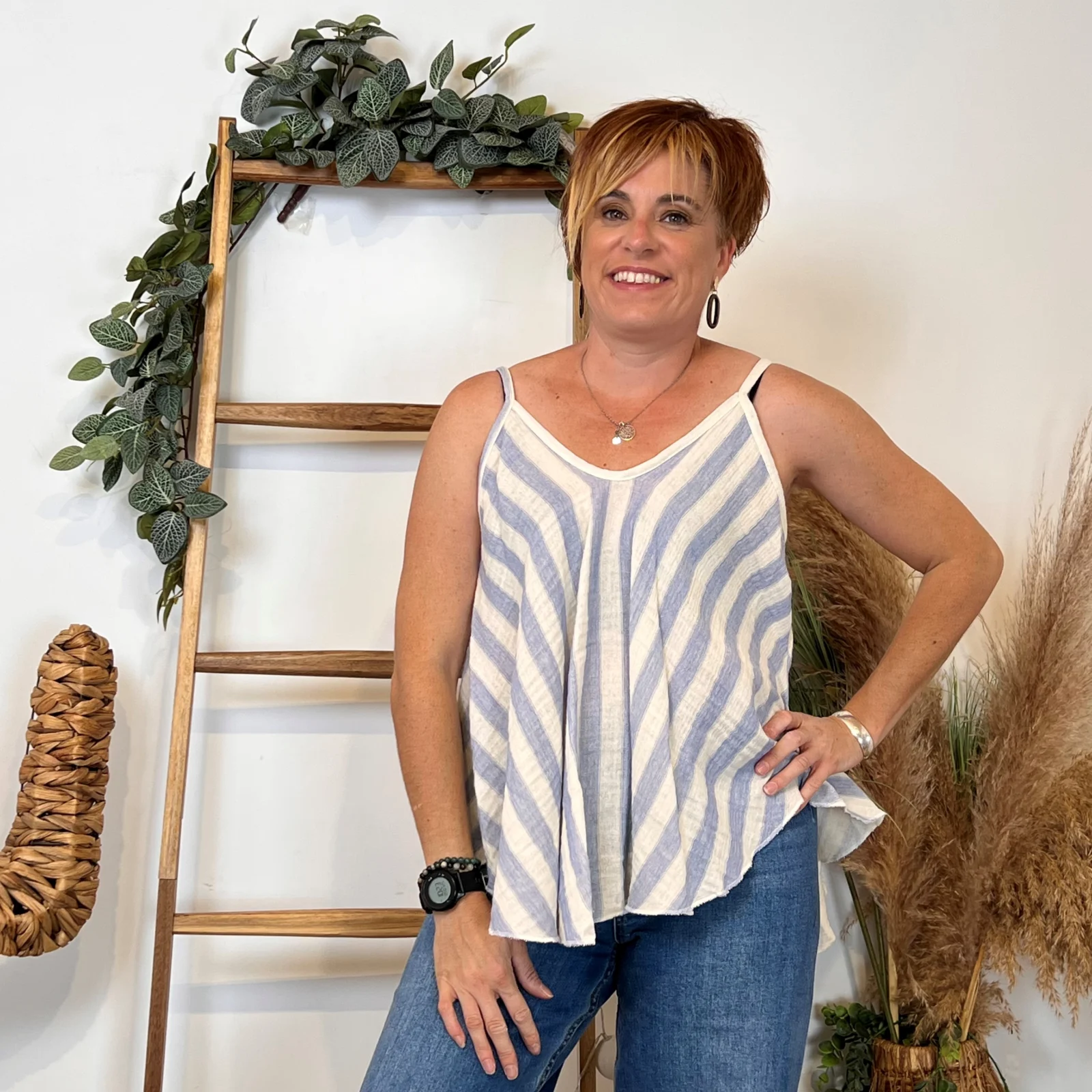 K171- Débardeur rayé trapèze (TU) - bleu-jeans - taille-unique