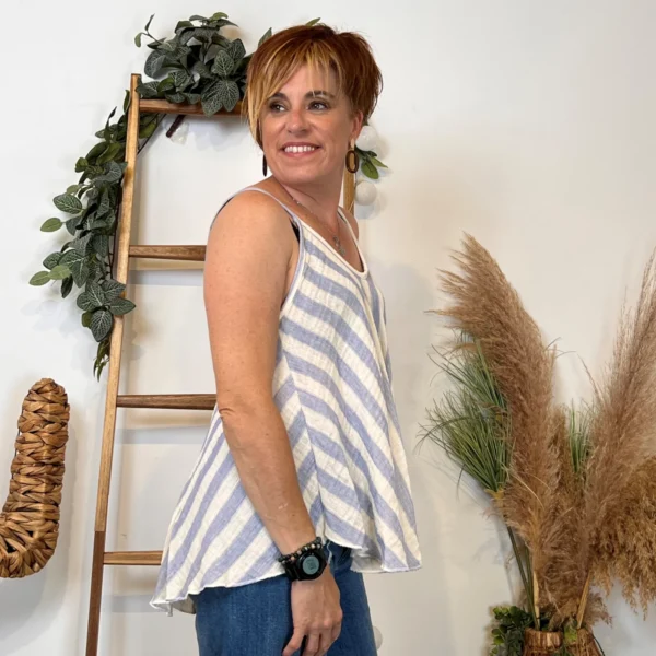 K171- Débardeur rayé trapèze (TU) - bleu-jeans - taille-unique