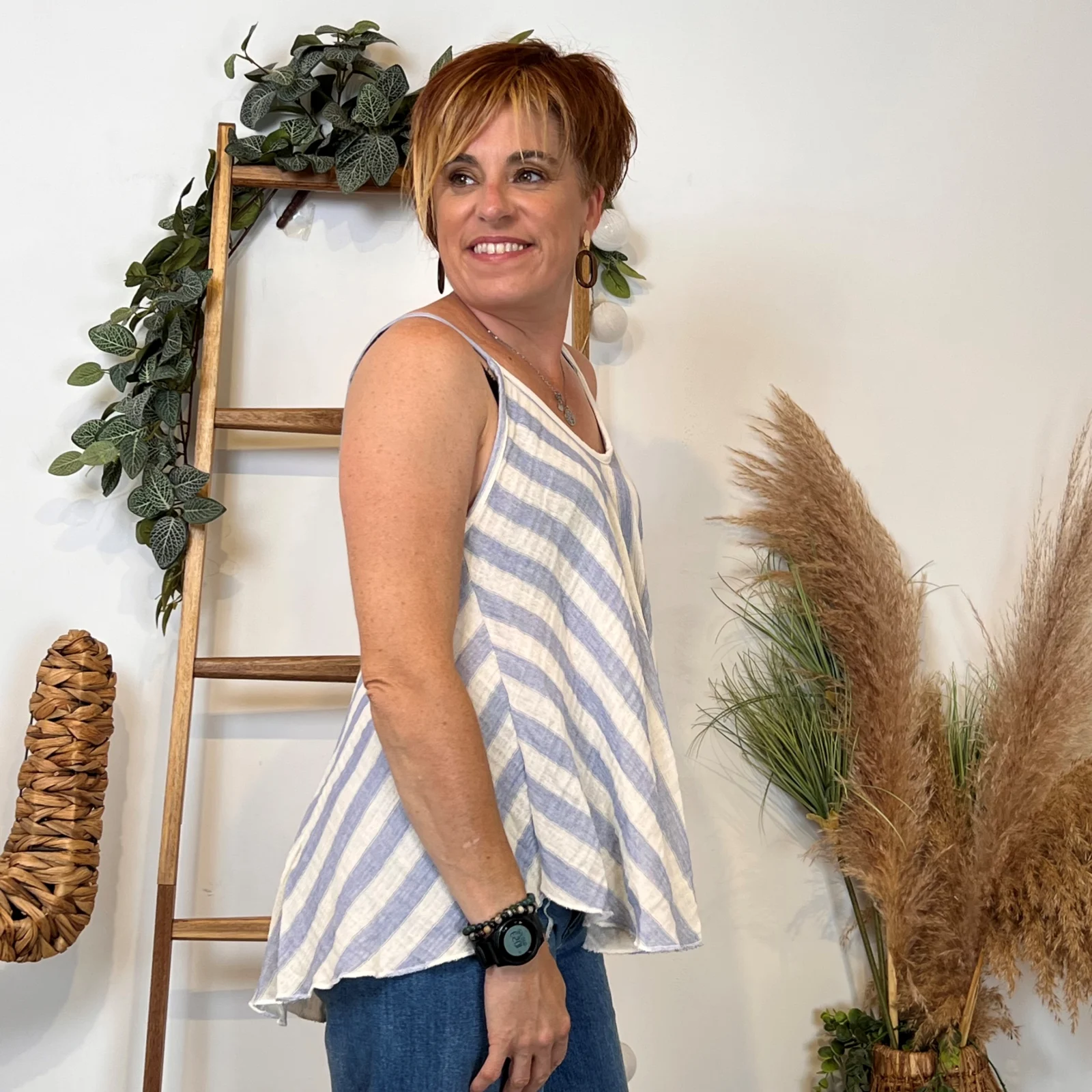 K171- Débardeur rayé trapèze (TU) - bleu-jeans - taille-unique