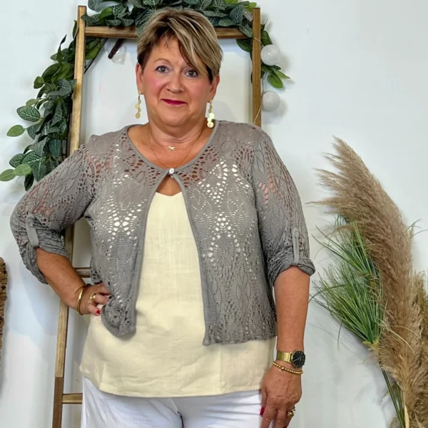 Z132- Gilet court Ajouré 🇮🇹 - taupe - taille-unique-grande-taille