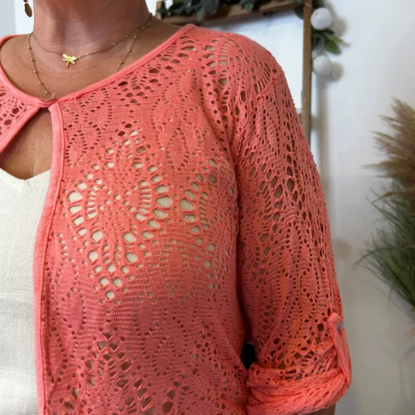 Z132- Gilet court Ajouré 🇮🇹 - corail - taille-unique-grande-taille