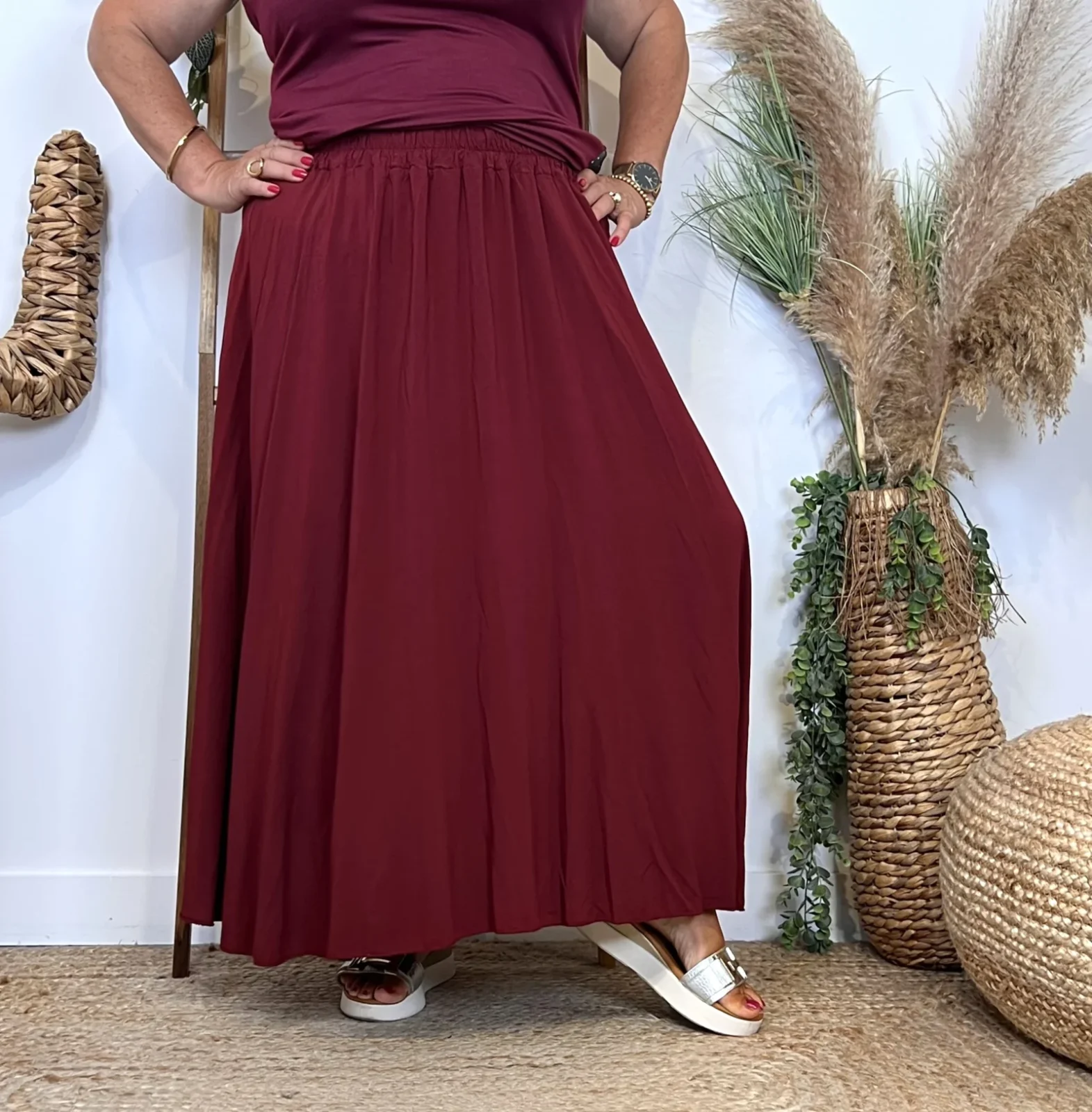 Z978- Jupe Fluide élastiquée 🇮🇹 - bordeaux - taille-unique-grande-taille